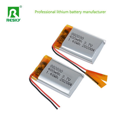 بطارية الليثيوم البوليمر القابلة لإعادة الشحن الكامنة 3.7v 400mAh بطارية الليثيوم الأيونية 802030 مع رابط Jst